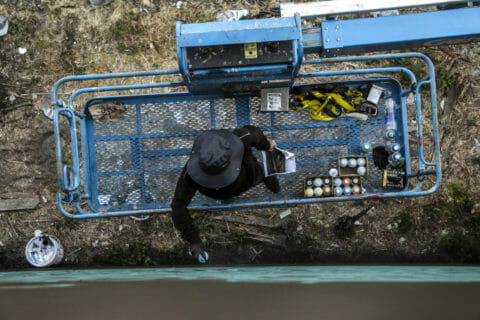 © DALeast, <em>Farewell Train</em> (process), 2017. SODO Track, Seattle. Photo by @wiseknave. © DALeast, Farewell Train (process), 2017. SODO Track, Seattle. Photo by @wiseknave.