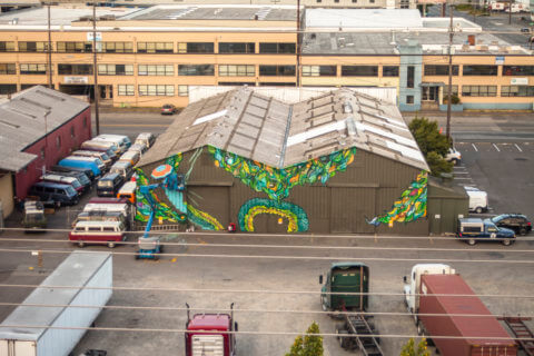 © Angelina Villalobos, <em>What Grows Around, Comes Around</em> (in progress), 2018. SODO Track, Seattle. Photo by @wiseknave. © Angelina Villalobos, What Grows Around, Comes Around (in progress), 2018. SODO Track, Seattle. Photo by @wiseknave.