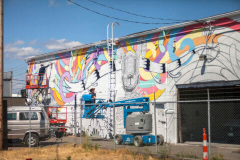 © Rather Severe + Gabriel Marquez, <em>Hallucinations of an Unchartered Territory</em> (in progress), 2018. SODO Track, Seattle. Photo by @wiseknave. © Rather Severe + Gabriel Marquez, Hallucinations of an Unchartered Territory (in progress), 2018. SODO Track, Seattle. Photo by @wiseknave.